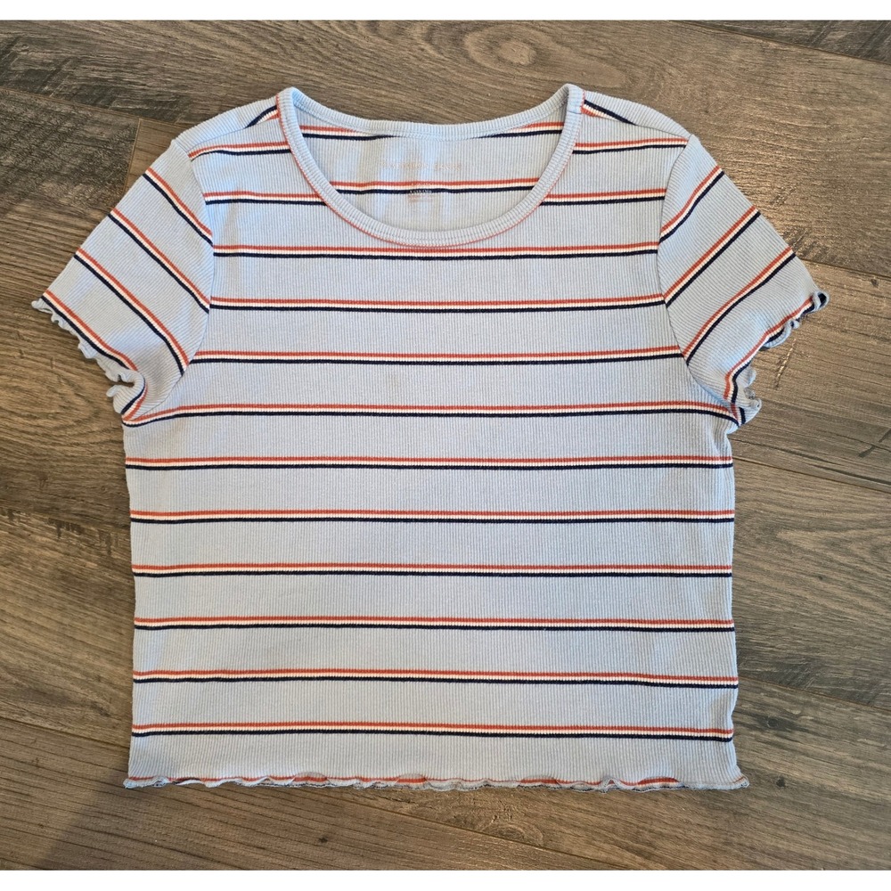 Women sz M American Eagle Striped Ribbed Crop Top Blue Lettuce Edge Short Sleeve